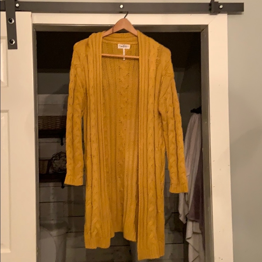 Cable knit, mustard colored long cardigan